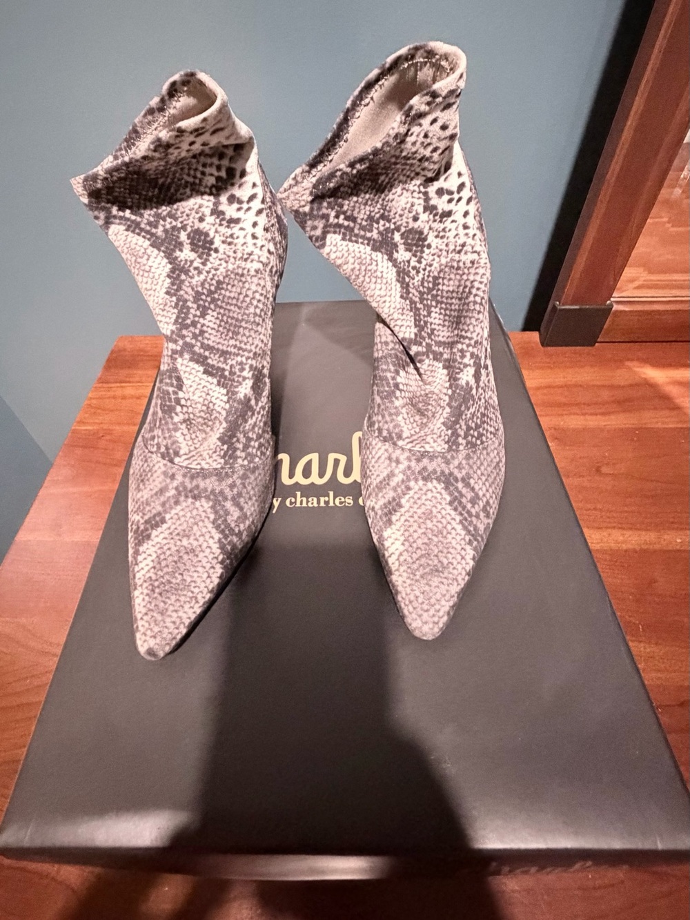 Charles David Gray Snake-Print Pointed Sock Boots